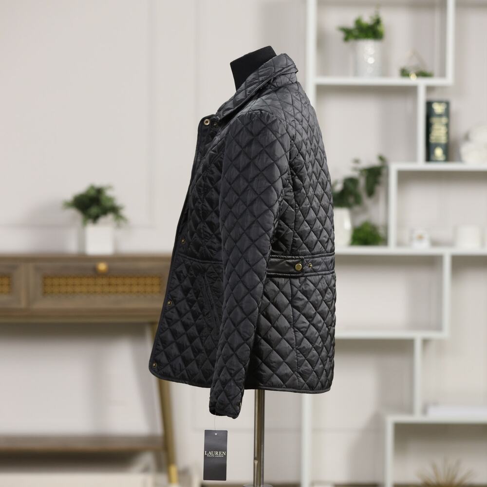 NWT Lauren Ralph Lauren Black Quilted Barn Jacket Gold Snap Equestrian Coat - Picture 3 of 12